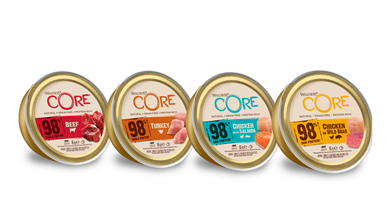 Wellness Core 98% Kit Prova Gatti Adulti 8 pezzi (contiene 2 vaschette da 85 gr per gusto) cod. 7634410884900
